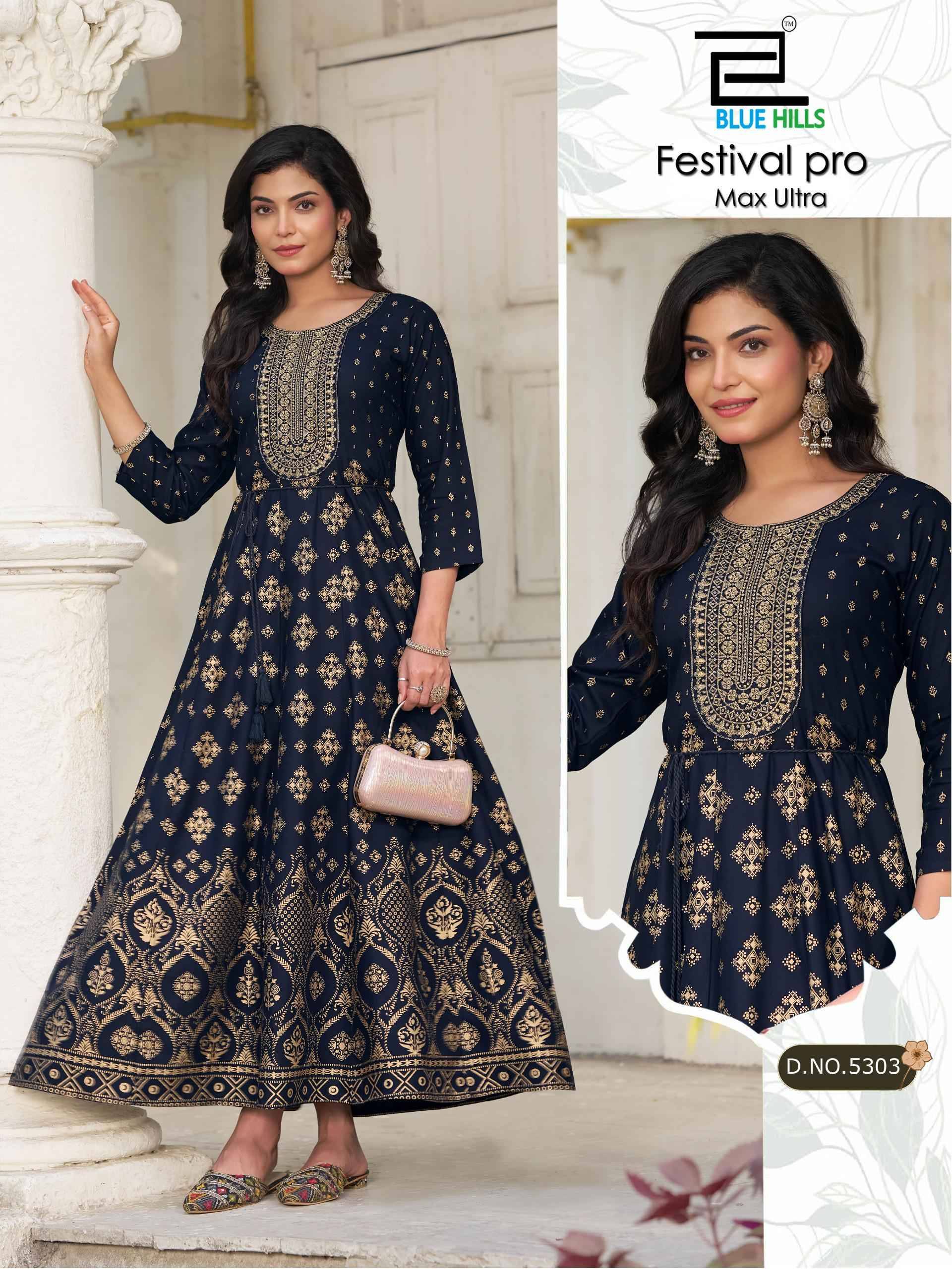 Festival Pro max ultra By BLUE HULLS 5303 To 5308 Series Designer Stylish Fancy Colorful Beautiful Party Wear & Ethnic Wear Collection Rayon 14kg Gown At Wholesale Price